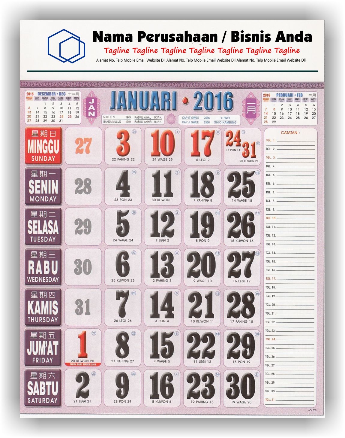 Kalender Cetak bagi Perusahaan dan Contoh Desain Kalender Kerja - Kalender Kerja Super Full Color