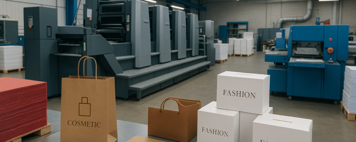 Interior pabrik percetakan modern di Jawa Barat, menampilkan aktivitas produksi packaging eksklusif untuk fashion dan kosmetik, dengan aksen merah dan biru, tanpa manusia.