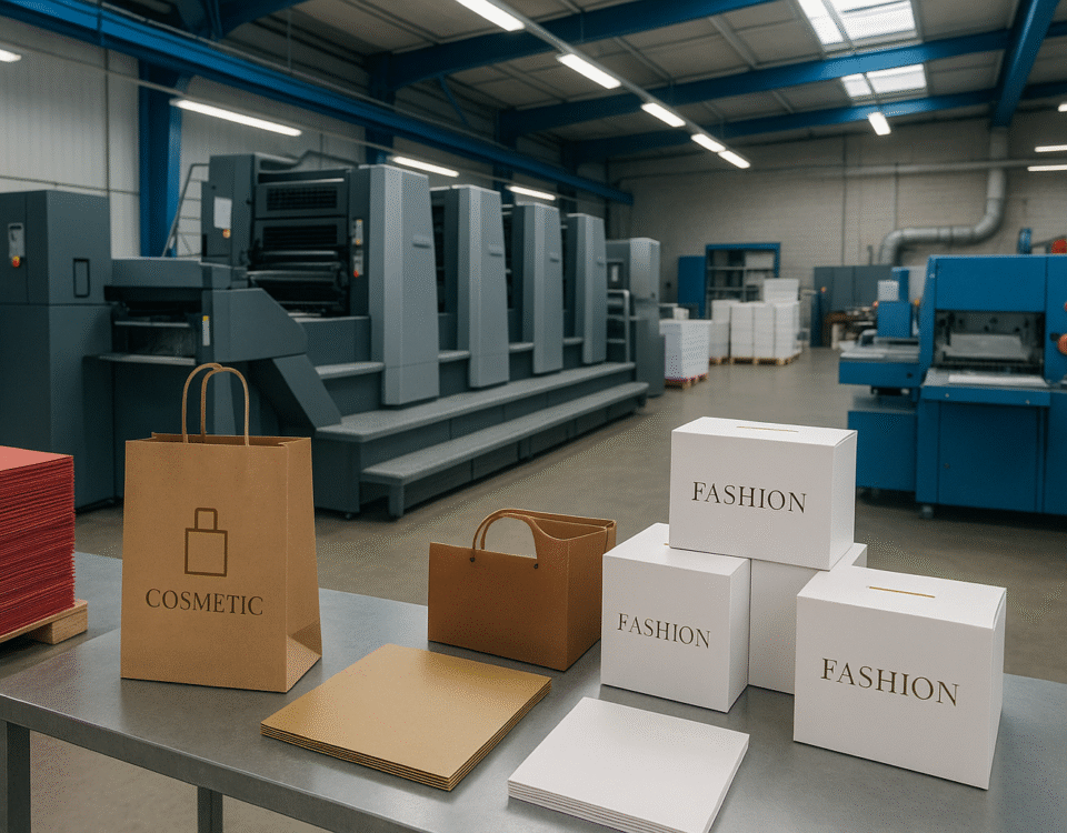Interior pabrik percetakan modern di Jawa Barat, menampilkan aktivitas produksi packaging eksklusif untuk fashion dan kosmetik, dengan aksen merah dan biru, tanpa manusia.