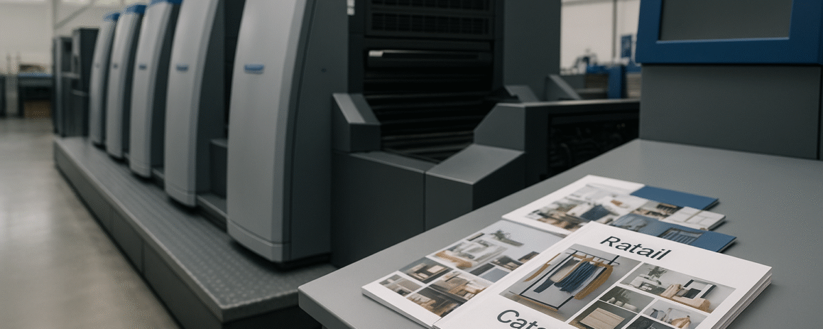 Modern printing machines in a factory with retail catalogues displayed on a blue-accented table, no people visible.