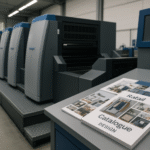 Modern printing machines in a factory with retail catalogues displayed on a blue-accented table, no people visible.