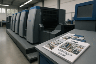 Modern printing machines in a factory with retail catalogues displayed on a blue-accented table, no people visible.