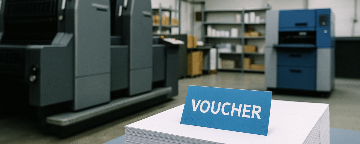 Voucher cetak berwarna biru di atas tumpukan kertas putih, latar mesin cetak offset modern di pabrik printing Karawang.