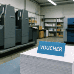 Voucher cetak berwarna biru di atas tumpukan kertas putih, latar mesin cetak offset modern di pabrik printing Karawang.