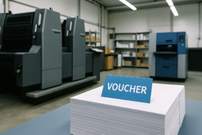 Voucher cetak berwarna biru di atas tumpukan kertas putih, latar mesin cetak offset modern di pabrik printing Karawang.