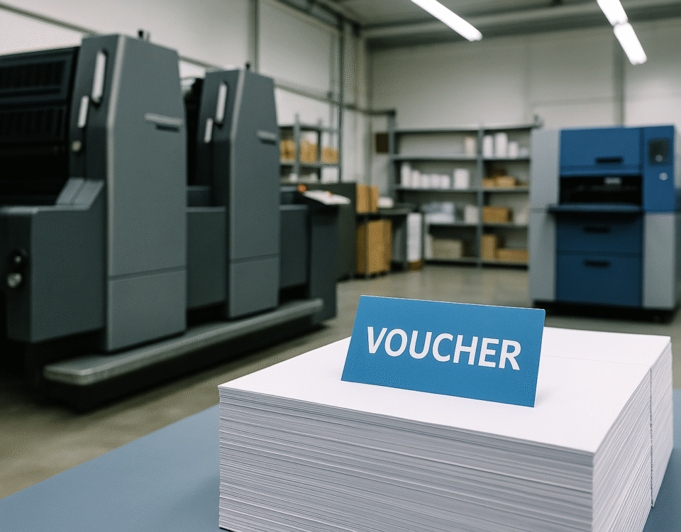 Voucher cetak berwarna biru di atas tumpukan kertas putih, latar mesin cetak offset modern di pabrik printing Karawang.