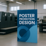 Interior pabrik percetakan modern di Jawa Barat dengan poster promosi berwarna biru di tengah ruang, tanpa objek manusia.