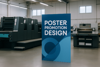 Interior pabrik percetakan modern di Jawa Barat dengan poster promosi berwarna biru di tengah ruang, tanpa objek manusia.