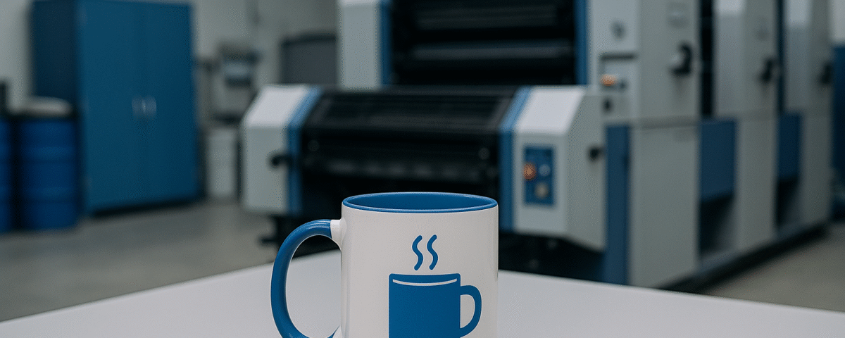 Mug custom branding berwarna putih dengan aksen biru di atas meja, berlatar mesin percetakan modern, tanpa objek manusia.