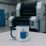 Mug custom branding berwarna putih dengan aksen biru di atas meja, berlatar mesin percetakan modern, tanpa objek manusia.