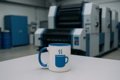 Mug custom branding berwarna putih dengan aksen biru di atas meja, berlatar mesin percetakan modern, tanpa objek manusia.