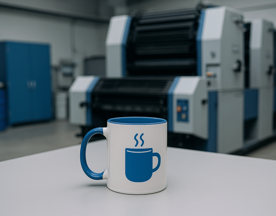 Mug custom branding berwarna putih dengan aksen biru di atas meja, berlatar mesin percetakan modern, tanpa objek manusia.