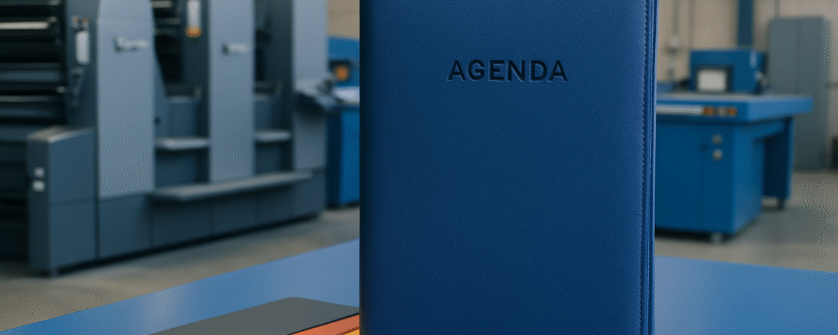 Agenda custom eksklusif berwarna biru di meja pabrik percetakan modern, tanpa objek manusia, dengan aksen warna biru.