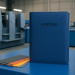 Agenda custom eksklusif berwarna biru di meja pabrik percetakan modern, tanpa objek manusia, dengan aksen warna biru.