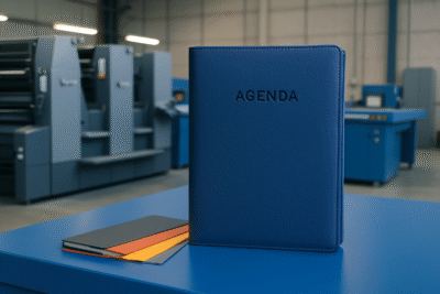 Agenda custom eksklusif berwarna biru di meja pabrik percetakan modern, tanpa objek manusia, dengan aksen warna biru.