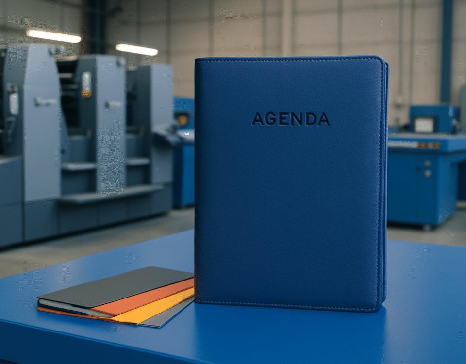 Agenda custom eksklusif berwarna biru di meja pabrik percetakan modern, tanpa objek manusia, dengan aksen warna biru.