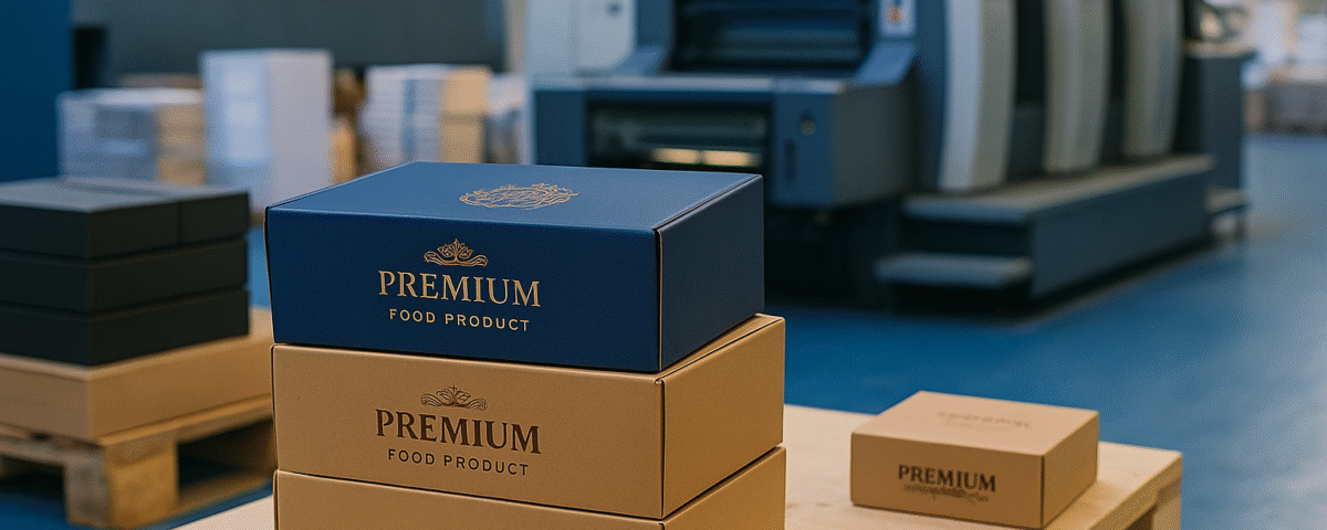 Premium food product packaging boxes in a modern printing factory in West Java, with blue accents and no people present.