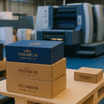 Premium food product packaging boxes in a modern printing factory in West Java, with blue accents and no people present.