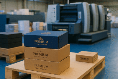 Premium food product packaging boxes in a modern printing factory in West Java, with blue accents and no people present.