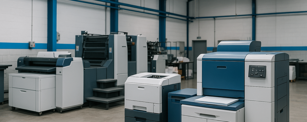 Interior pabrik percetakan digital modern tanpa manusia, mesin-mesin printing beraksen biru, rapi dan bersih, suasana profesional.