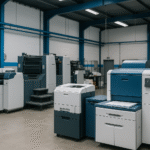 Interior pabrik percetakan digital modern tanpa manusia, mesin-mesin printing beraksen biru, rapi dan bersih, suasana profesional.