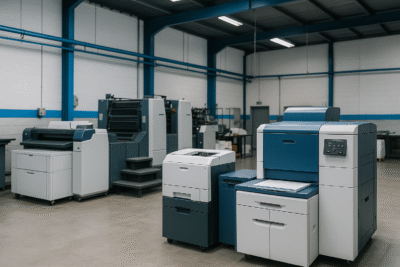 Interior pabrik percetakan digital modern tanpa manusia, mesin-mesin printing beraksen biru, rapi dan bersih, suasana profesional.