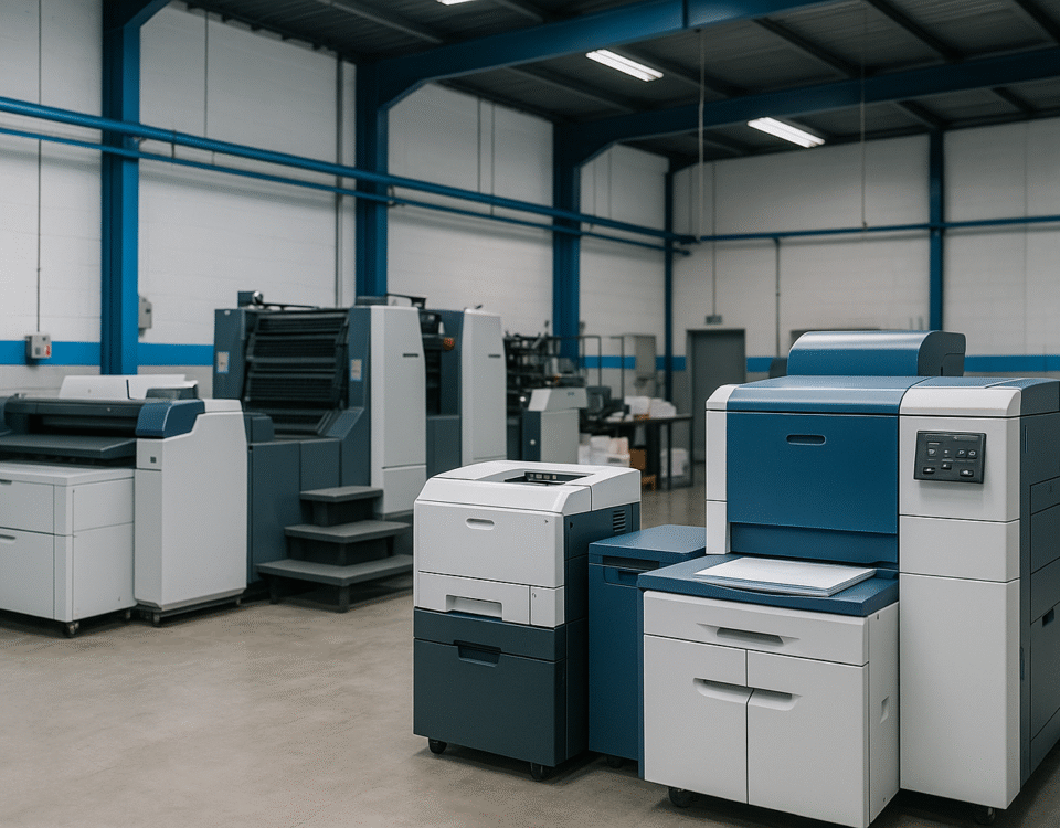 Interior pabrik percetakan digital modern tanpa manusia, mesin-mesin printing beraksen biru, rapi dan bersih, suasana profesional.