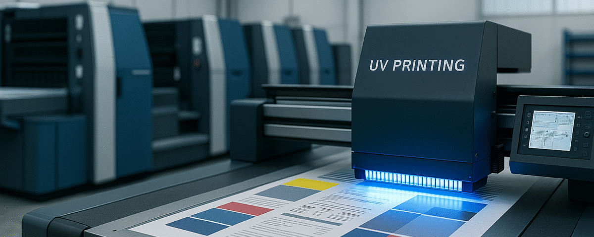 Printer UV industri di dalam pabrik percetakan modern Karawang, lembar hasil cetak dengan aksen biru, tanpa manusia. Ilustrasi oleh Ai.