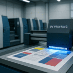 Printer UV industri di dalam pabrik percetakan modern Karawang, lembar hasil cetak dengan aksen biru, tanpa manusia. Ilustrasi oleh Ai.