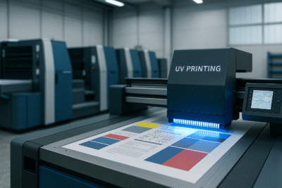 Printer UV industri di dalam pabrik percetakan modern Karawang, lembar hasil cetak dengan aksen biru, tanpa manusia. Ilustrasi oleh Ai.