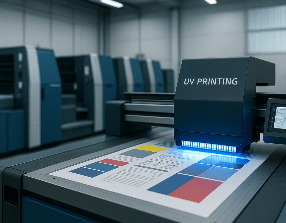 Printer UV industri di dalam pabrik percetakan modern Karawang, lembar hasil cetak dengan aksen biru, tanpa manusia. Ilustrasi oleh Ai.