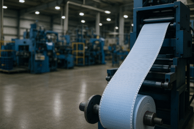 Continuous form paper rolls on industrial printing equipment in a modern factory, dominated by blue accents and machinery, no people.