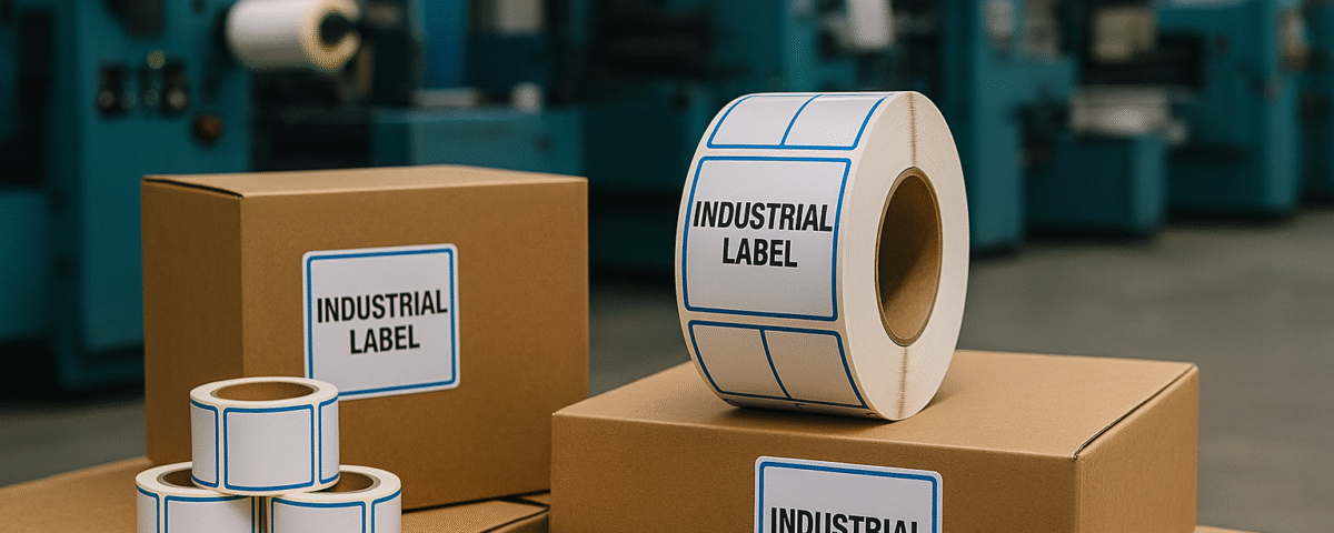 Label stiker industri tahan lama pada kardus di area pabrik modern, mesin biru mendominasi latar, tanpa manusia.