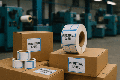 Label stiker industri tahan lama pada kardus di area pabrik modern, mesin biru mendominasi latar, tanpa manusia.