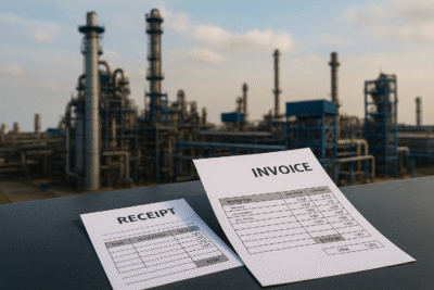 Invoice dan faktur tercetak di atas meja industri dengan latar pabrik industri di Jawa Barat, nuansa biru, tanpa manusia. Ilustrasi oleh AI.