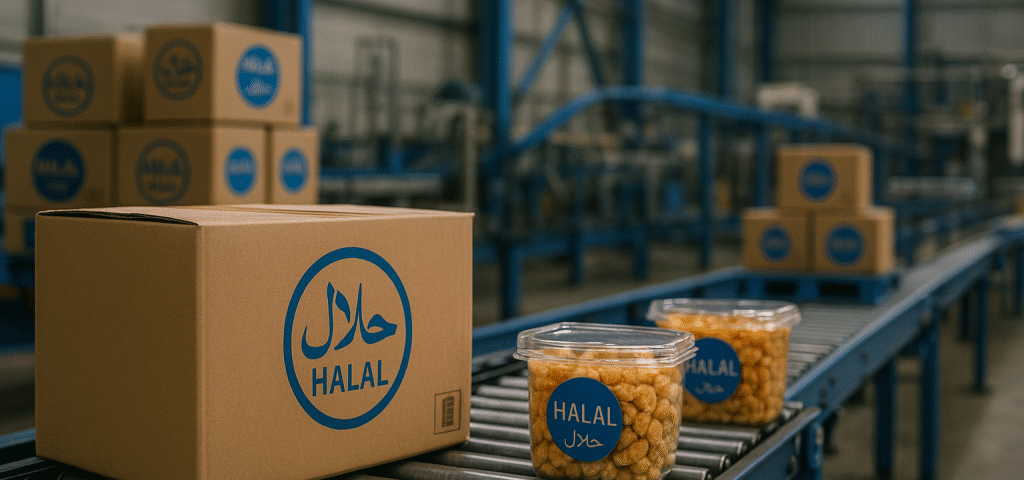 Industri pengemasan pangan di Karawang dengan kardus dan kemasan makanan berlabel halal biru di jalur produksi, menggambarkan penerapan wajib halal label industri 2024–2026 di Jawa Barat.