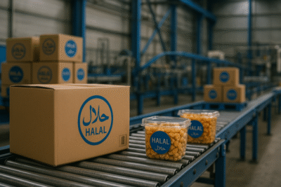 Industri pengemasan pangan di Karawang dengan kardus dan kemasan makanan berlabel halal biru di jalur produksi, menggambarkan penerapan wajib halal label industri 2024–2026 di Jawa Barat.