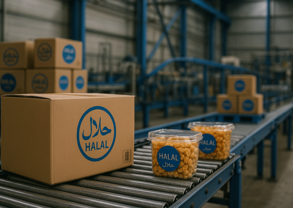 Industri pengemasan pangan di Karawang dengan kardus dan kemasan makanan berlabel halal biru di jalur produksi, menggambarkan penerapan wajib halal label industri 2024–2026 di Jawa Barat.