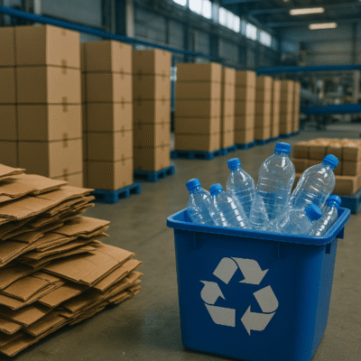 Ilustrasi realistis fasilitas industri di Karawang dengan fokus pada tumpukan kardus dan botol plastik di wadah daur ulang biru, menggambarkan konsep epr pengurangan sampah kemasan menuju target 30% di tahun 2029.