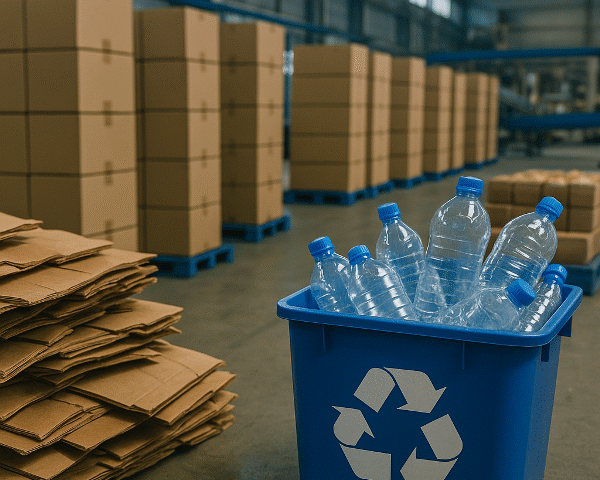 Ilustrasi realistis fasilitas industri di Karawang dengan fokus pada tumpukan kardus dan botol plastik di wadah daur ulang biru, menggambarkan konsep epr pengurangan sampah kemasan menuju target 30% di tahun 2029.