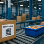 Ilustrasi realistis gudang distribusi di Jawa Barat dengan kardus berlabel GS1 DataMatrix dan produk pangan di jalur konveyor, menyoroti penerapan gs1 datamatrix standar logistik dalam industri manufaktur dan distribusi modern.