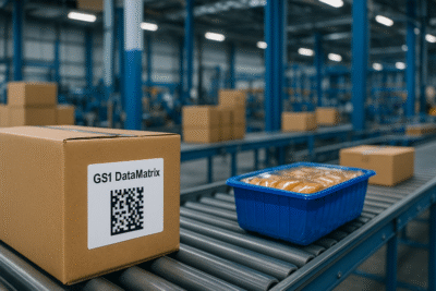 Ilustrasi realistis gudang distribusi di Jawa Barat dengan kardus berlabel GS1 DataMatrix dan produk pangan di jalur konveyor, menyoroti penerapan gs1 datamatrix standar logistik dalam industri manufaktur dan distribusi modern.