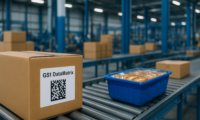 Ilustrasi realistis gudang distribusi di Jawa Barat dengan kardus berlabel GS1 DataMatrix dan produk pangan di jalur konveyor, menyoroti penerapan gs1 datamatrix standar logistik dalam industri manufaktur dan distribusi modern.