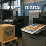 Ilustrasi realistis perbandingan offset vs digital printing di dalam ruang produksi percetakan, menampilkan mesin offset industri di satu sisi dan mesin digital modern yang mencetak desain kemasan makanan berwarna di sisi lain.