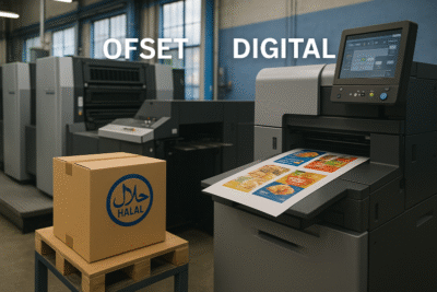 Ilustrasi realistis perbandingan offset vs digital printing di dalam ruang produksi percetakan, menampilkan mesin offset industri di satu sisi dan mesin digital modern yang mencetak desain kemasan makanan berwarna di sisi lain.