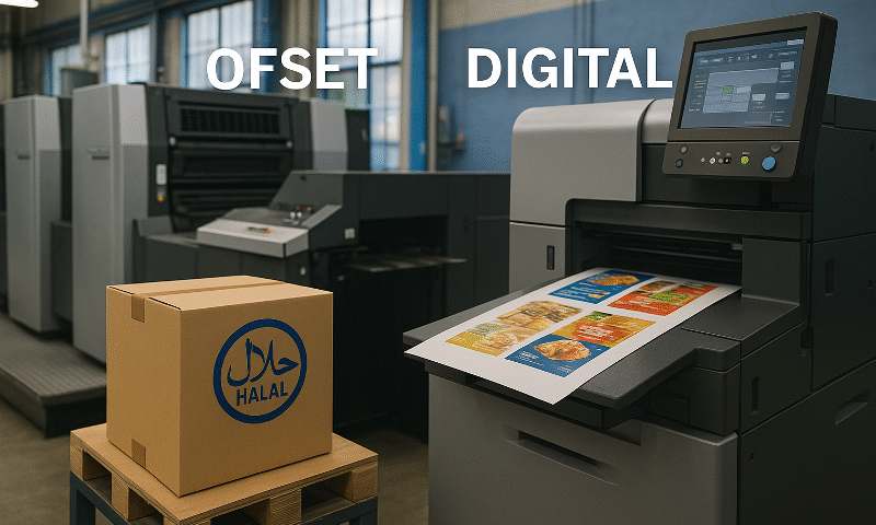 Ilustrasi realistis perbandingan offset vs digital printing di dalam ruang produksi percetakan, menampilkan mesin offset industri di satu sisi dan mesin digital modern yang mencetak desain kemasan makanan berwarna di sisi lain.