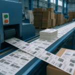 Ilustrasi realistis proses variable data printing industri di Jawa Barat, menampilkan jalur produksi label dengan barcode dan QR code unik untuk serialisasi, track-and-trace, serta sistem anti-palsu.