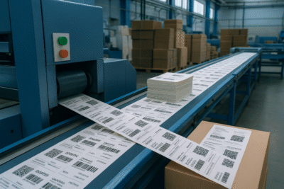 Ilustrasi realistis proses variable data printing industri di Jawa Barat, menampilkan jalur produksi label dengan barcode dan QR code unik untuk serialisasi, track-and-trace, serta sistem anti-palsu.