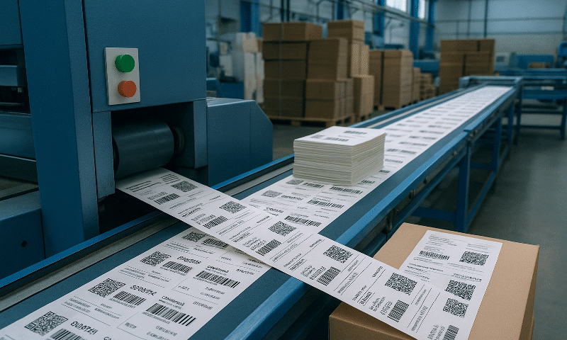 Ilustrasi realistis proses variable data printing industri di Jawa Barat, menampilkan jalur produksi label dengan barcode dan QR code unik untuk serialisasi, track-and-trace, serta sistem anti-palsu.