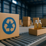 Desain kemasan sirkular Indonesia di sektor manufaktur, menampilkan kardus bergambar simbol daur ulang biru di jalur produksi industri Jawa Barat sebagai ilustrasi penerapan Permen LHK 75/2019.